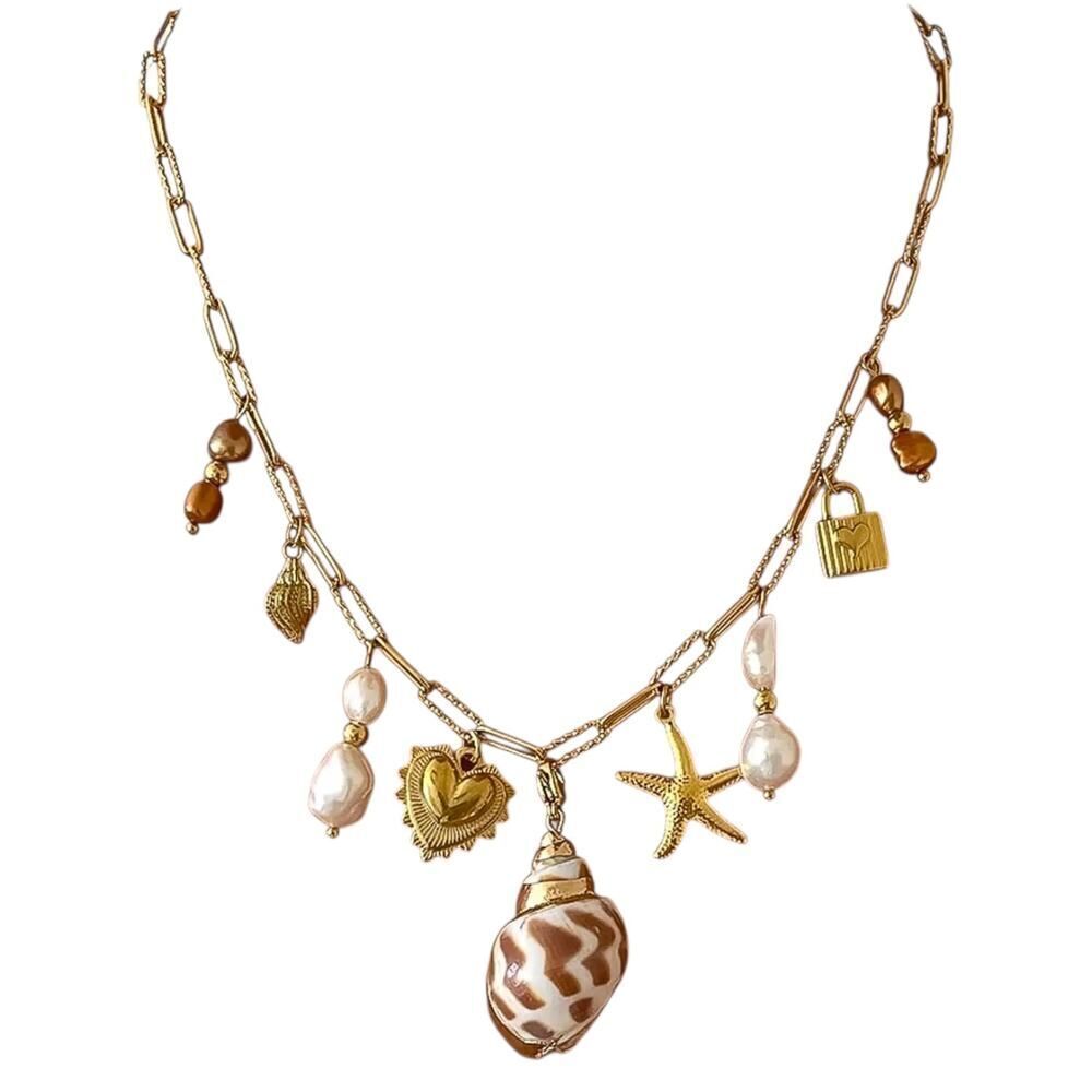 Gold Shell & Pearl Charm Necklace-Starfish, Heart & Lock Accents